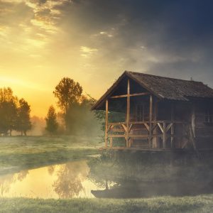 Wooden hut on a lake