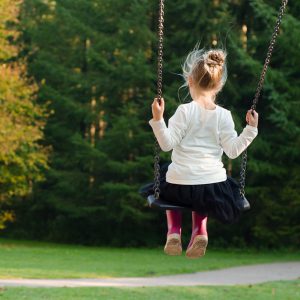 A little girl is swinging on a swing