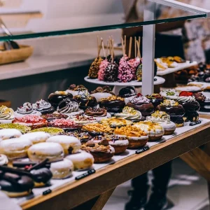 Food in the window of a pastry shop