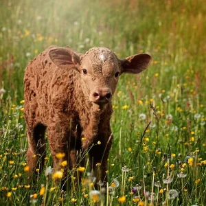 A brown calf is standing in the grass