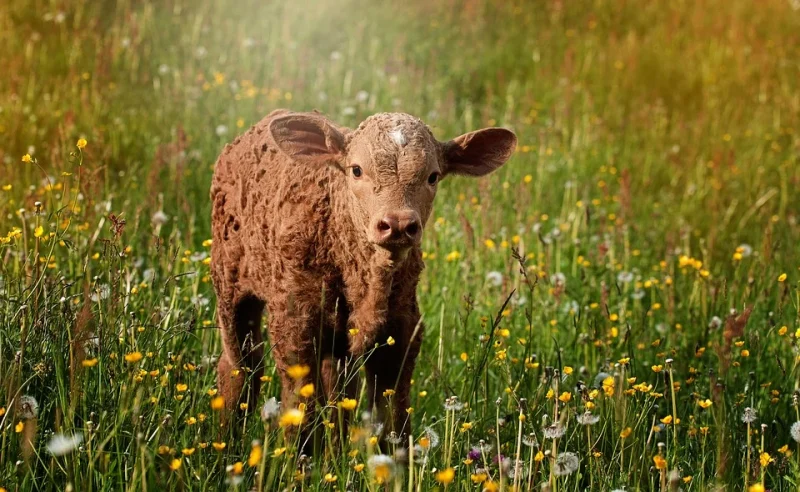 A brown calf is standing in the grass