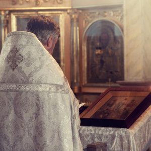 The priest performs the liturgy