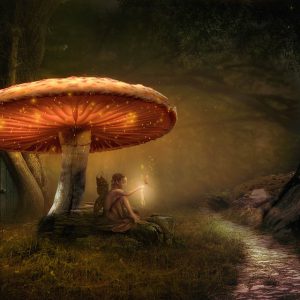 An image of a fantasy land with a small fairy under a giant shining mushroom