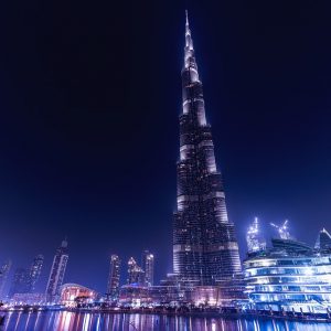 City tower photographed with night lights